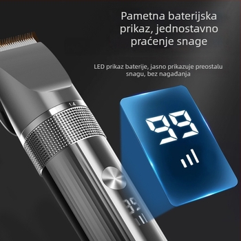 Električni aparat za šišanje kose za odrasle i djecu, profesionalan za salon, inteligentni prikaz napajanja, vodootporan, keramički noževi, ugrađena baterija 1200–2000 mAh, trajanje rada 1–3 sata