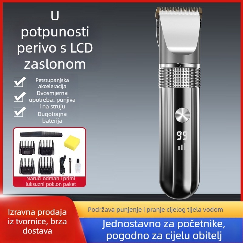 Električni aparat za šišanje kose za odrasle i djecu, profesionalan za salon, inteligentni prikaz napajanja, vodootporan, keramički noževi, ugrađena baterija 1200–2000 mAh, trajanje rada 1–3 sata