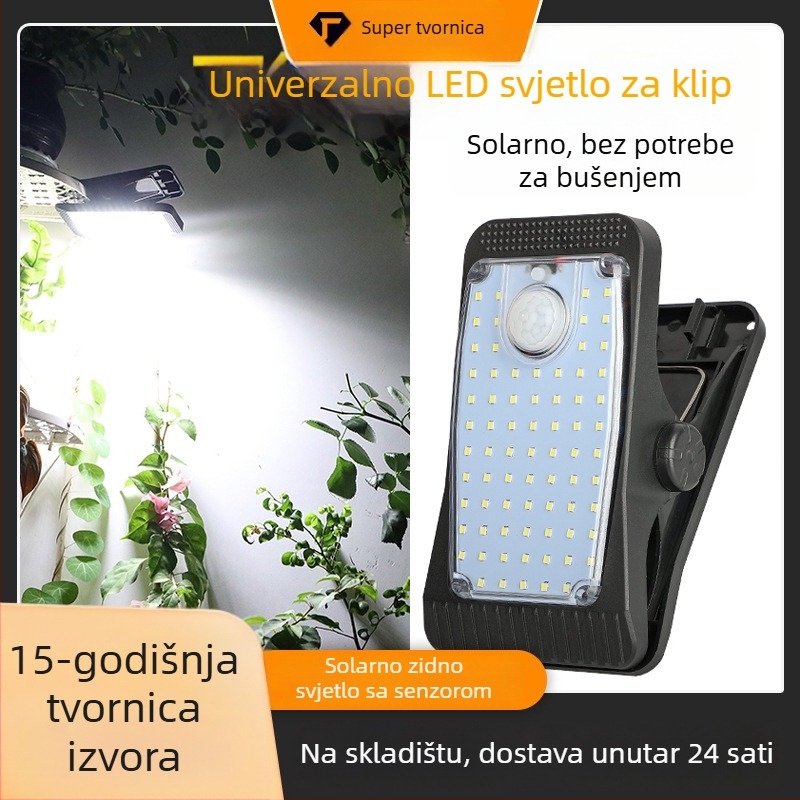 Solarna klip lampica s senzorom pokreta za vanjsku upotrebu – vodootporna zidna svjetiljka za ogradu, bijela/topla svjetlost, 5W, 3.7V, 6–12 sati osvjetljenja