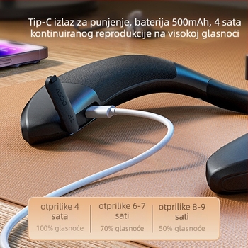 Bežični zvučnik za vrat s tekstilnim premazom, prenosni stereo, ukupna snaga 6W, raspon frekvencija 40 Hz–20 kHz, doseg 20 m, IPX4