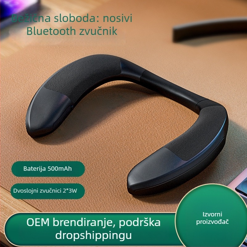 Bežični zvučnik za vrat s tekstilnim premazom, prenosni stereo, ukupna snaga 6W, raspon frekvencija 40 Hz–20 kHz, doseg 20 m, IPX4