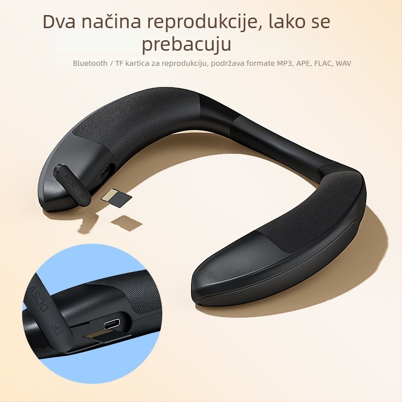Bežični zvučnik za vrat s tekstilnim premazom, prenosni stereo, ukupna snaga 6W, raspon frekvencija 40 Hz–20 kHz, doseg 20 m, IPX4