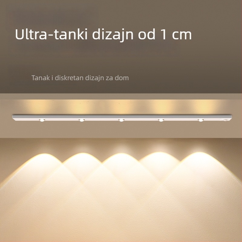 LED trak s senzorom pokreta za ormariće, ultra-tanki, punjiv, samoljepljiv, noćno svjetlo, Senzor pokreta, Noćno svjetlo, Ugrađena baterija, Dodirni prekidač, Plastično kućište