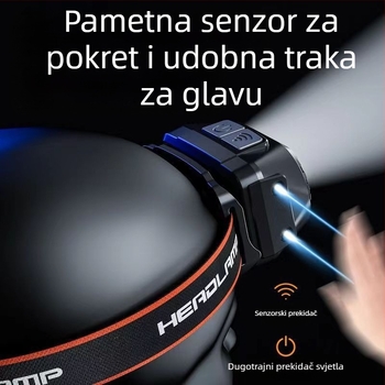 Dvostruka LED čelna lampica, punjiva, Type-C punjenje, 360° rotacija, doseg 100–200 m, ručna proizvodnja energije