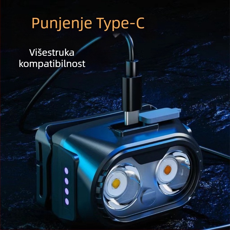 Dvostruka LED čelna lampica, punjiva, Type-C punjenje, 360° rotacija, doseg 100–200 m, ručna proizvodnja energije
