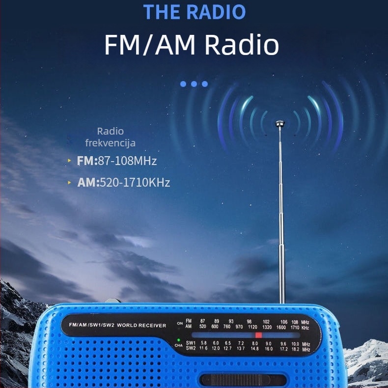 Vanjska nužna LED svjetiljka s FM/AM radiom, solarno i ručno punjenje, USB punjenje, multi-band prijemnik, 3.7V, 0.14W, 1000–1999mAh, frekvencije 20–3000