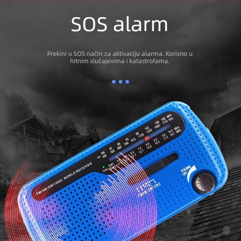 Vanjska nužna LED svjetiljka s FM/AM radiom, solarno i ručno punjenje, USB punjenje, multi-band prijemnik, 3.7V, 0.14W, 1000–1999mAh, frekvencije 20–3000