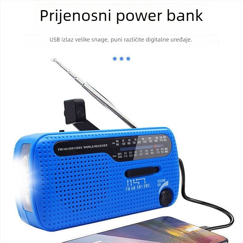 Vanjska nužna LED svjetiljka s FM/AM radiom, solarno i ručno punjenje, USB punjenje, multi-band prijemnik, 3.7V, 0.14W, 1000–1999mAh, frekvencije 20–3000