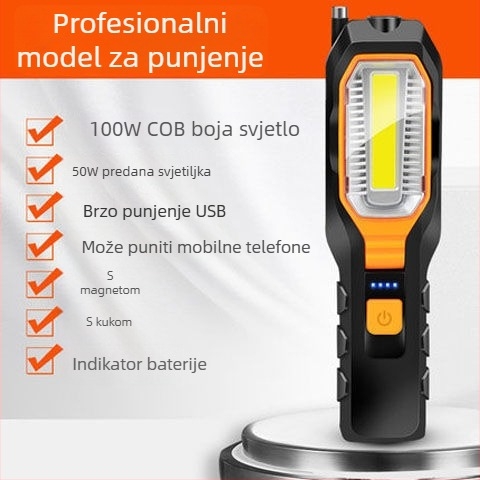 Magnetno radno svjetlo s COB LED, 10W, baterija 1800mAh, punjivo, za auto popravke i vanjsku upotrebu, domet 50-100 m