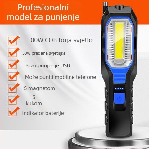 Magnetno radno svjetlo s COB LED, 10W, baterija 1800mAh, punjivo, za auto popravke i vanjsku upotrebu, domet 50-100 m