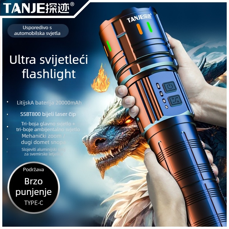 Lanterna od aluminijske legure, laser velikog dometa, 60W, domet 500 m i više, Type-C punjenje