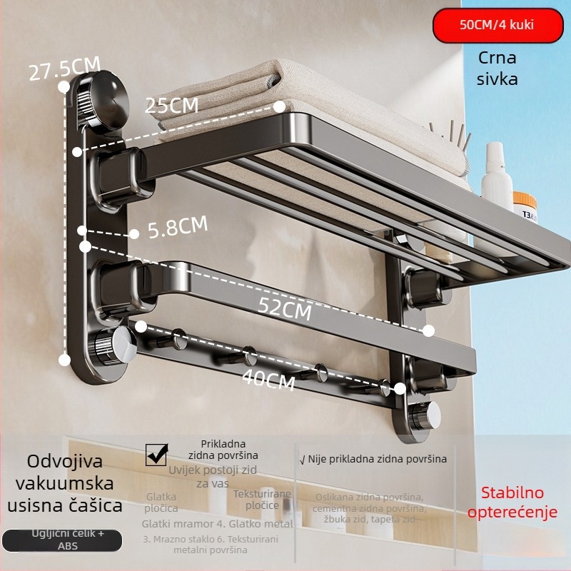 Oginsk metalni stalak za ručnike u kupaonici sa sustavom usisavanja, bez bušenja, s integriranom šipkom za vješanje