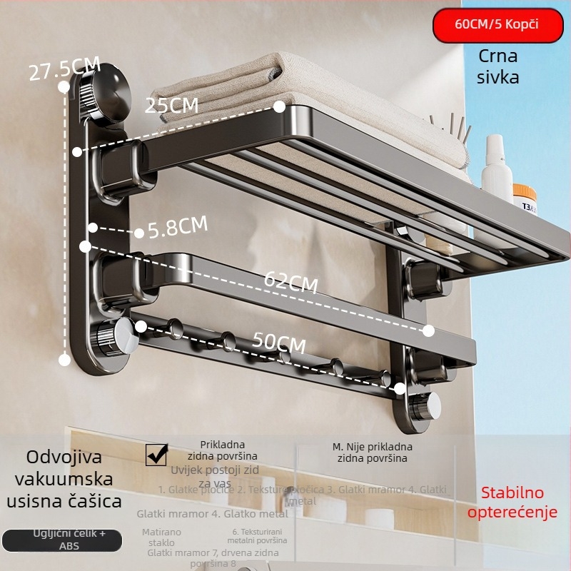Oginsk metalni stalak za ručnike u kupaonici sa sustavom usisavanja, bez bušenja, s integriranom šipkom za vješanje