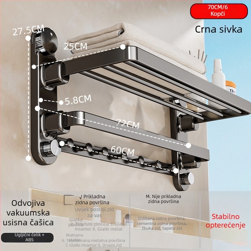 Oginsk metalni stalak za ručnike u kupaonici sa sustavom usisavanja, bez bušenja, s integriranom šipkom za vješanje