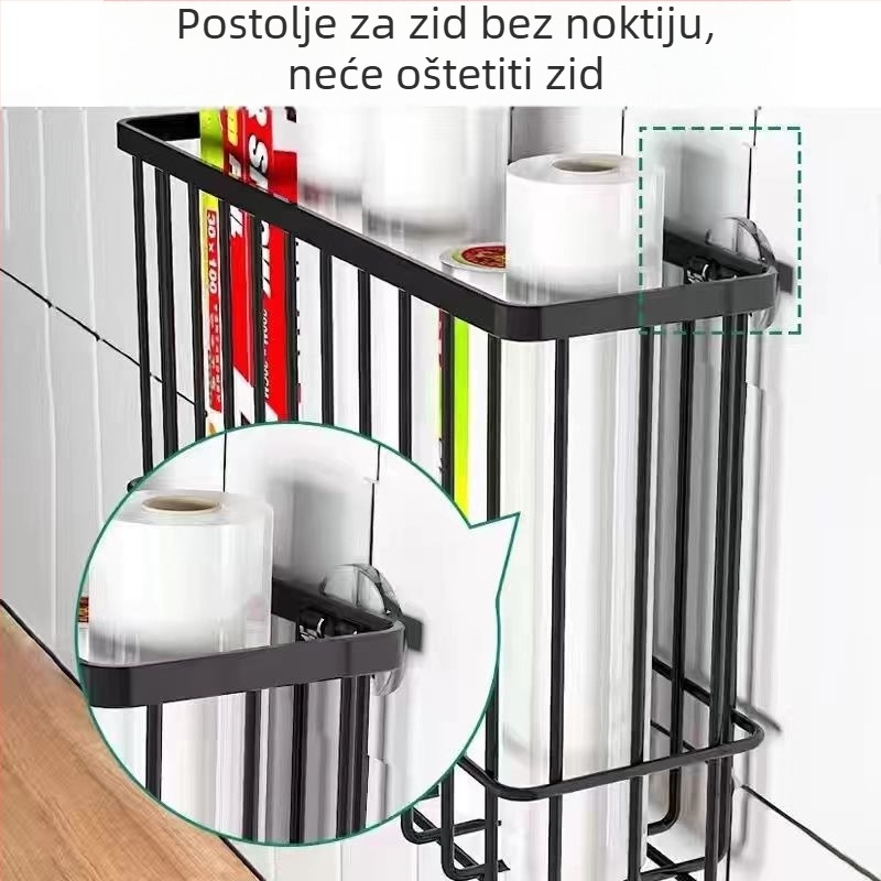 Zidni držač za kuhinjsku foliju, pričvršćivanje vakuumom, metal, 1 etaža, kukasti stil, višestruka upotreba