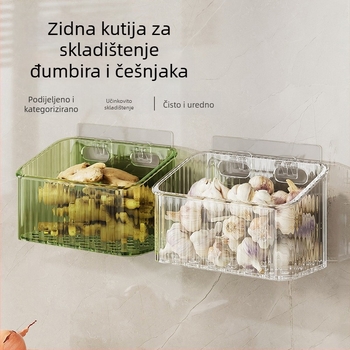 Zidna kuhinjska košara za luk i češnjak — plastika, jednoslojna, nosivost 5–10 kg, montaža bez bušenja
