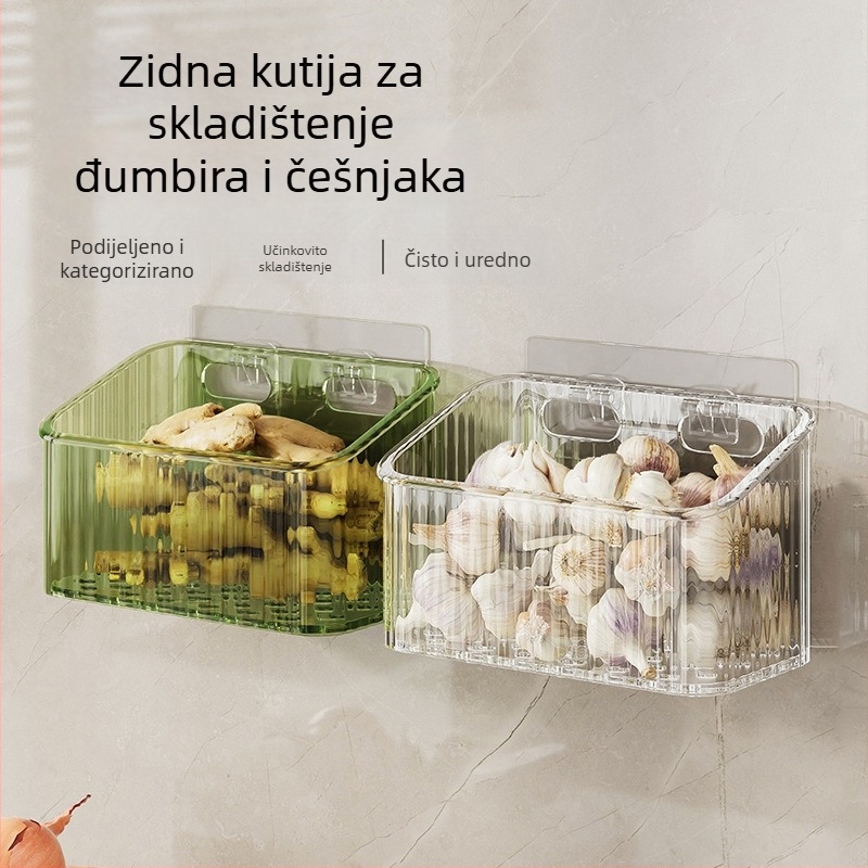 Zidna kuhinjska košara za luk i češnjak — plastika, jednoslojna, nosivost 5–10 kg, montaža bez bušenja