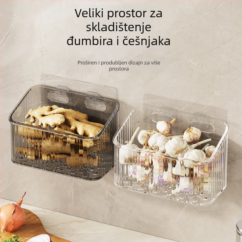 Zidna kuhinjska košara za luk i češnjak — plastika, jednoslojna, nosivost 5–10 kg, montaža bez bušenja
