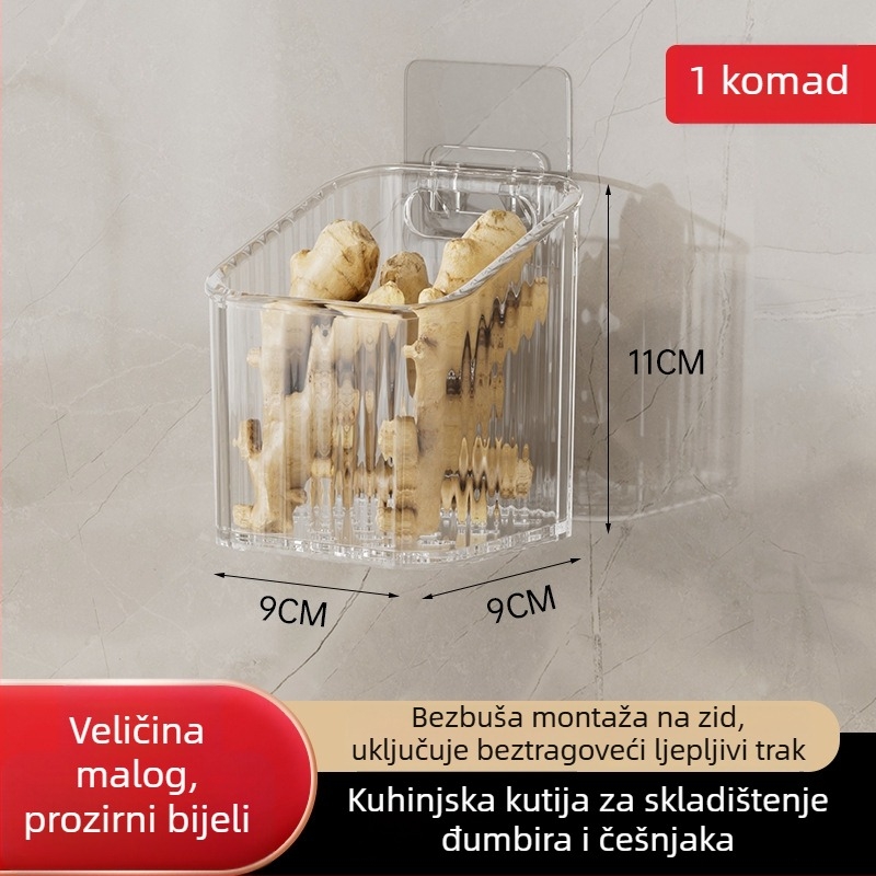 Zidna kuhinjska košara za luk i češnjak — plastika, jednoslojna, nosivost 5–10 kg, montaža bez bušenja