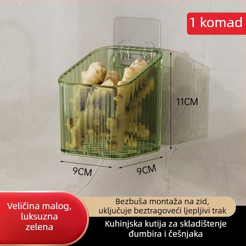 Zidna kuhinjska košara za luk i češnjak — plastika, jednoslojna, nosivost 5–10 kg, montaža bez bušenja