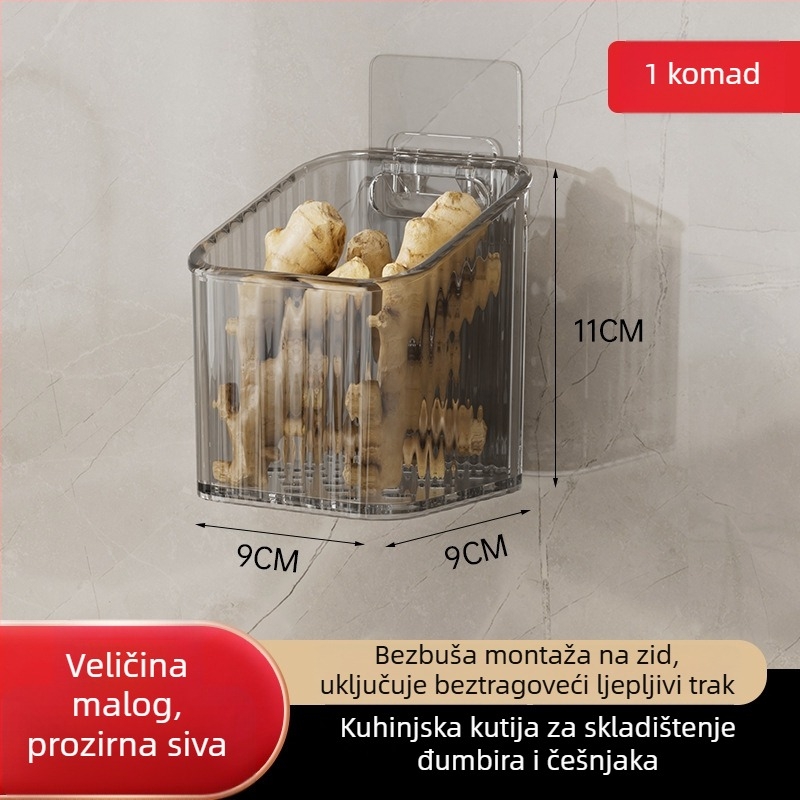 Zidna kuhinjska košara za luk i češnjak — plastika, jednoslojna, nosivost 5–10 kg, montaža bez bušenja