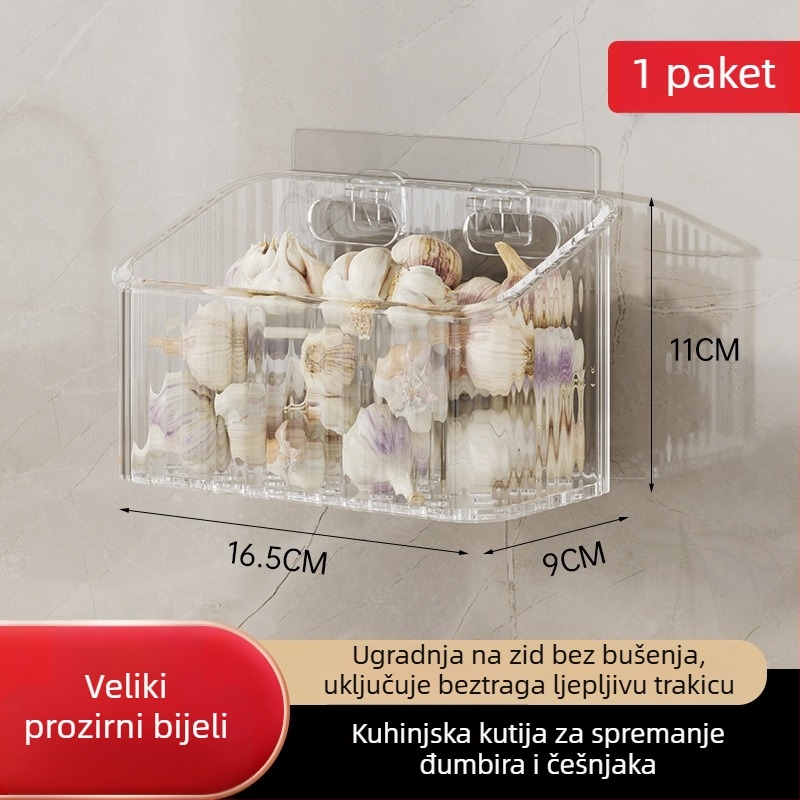 Zidna kuhinjska košara za luk i češnjak — plastika, jednoslojna, nosivost 5–10 kg, montaža bez bušenja