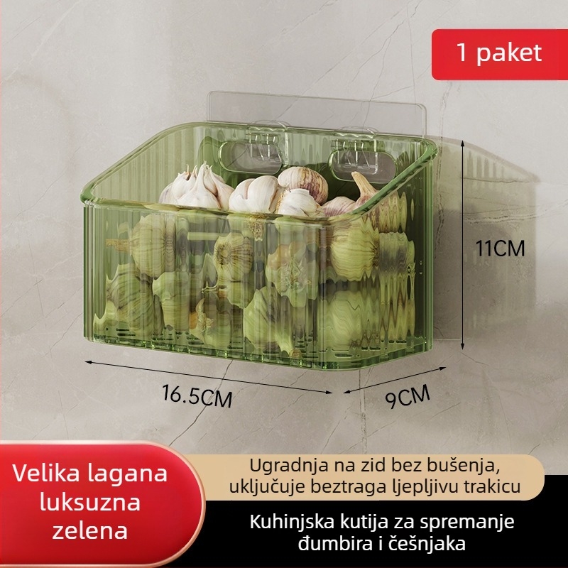 Zidna kuhinjska košara za luk i češnjak — plastika, jednoslojna, nosivost 5–10 kg, montaža bez bušenja