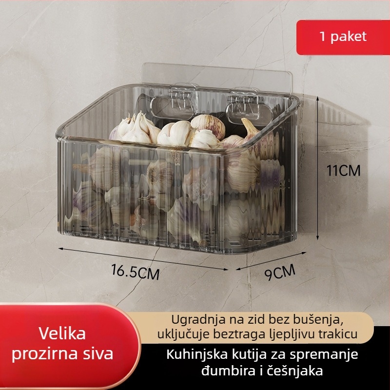Zidna kuhinjska košara za luk i češnjak — plastika, jednoslojna, nosivost 5–10 kg, montaža bez bušenja