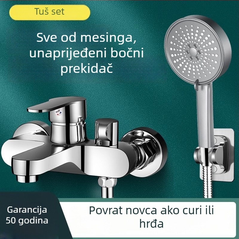 Ugradbeni zidni tuš set s bakrenim tijelom; funkcije raspršivanje, masaža, mjehurići i kiša; okrugla glava tuša; radna temperatura 0-80°C