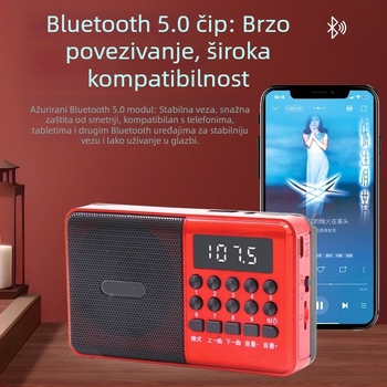 C6 višefunkcijski Bluetooth radio MP3 karaoke player s digitalnim zaslonom; USB/TF reprodukcija; 5W izlaz; SNR ≥53 dB; Baterija 1000–1999 mAh
