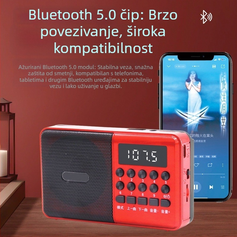 C6 višefunkcijski Bluetooth radio MP3 karaoke player s digitalnim zaslonom; USB/TF reprodukcija; 5W izlaz; SNR ≥53 dB; Baterija 1000–1999 mAh