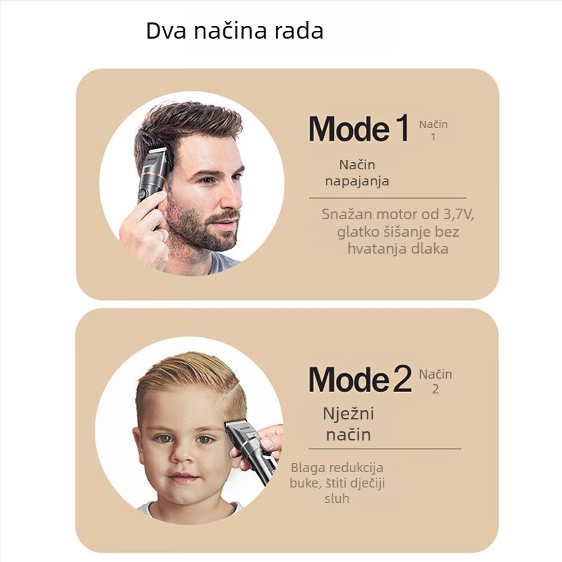 Električni šišač kose za kućnu upotrebu - keramičke oštrice, ugrađena baterija 1000-1200 mAh, radno vrijeme 1-3 h, cijelo tijelo se može oprati, digitalni zaslon