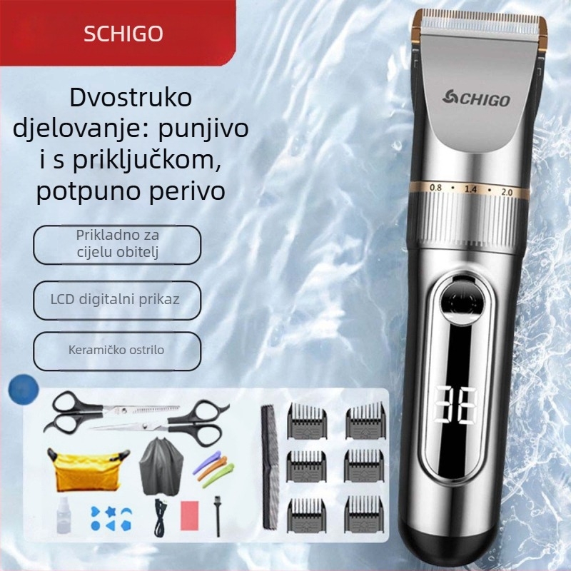 Električni šišač kose za kućnu upotrebu - keramičke oštrice, ugrađena baterija 1000-1200 mAh, radno vrijeme 1-3 h, cijelo tijelo se može oprati, digitalni zaslon
