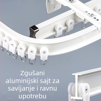 Aluminijski sustav tračnica za zavjese — zakrivljena i ravna tračnica, za kutni prozor, montaža gornja ili bočna, jednoslojna ili dvostruka tračnica, tiho klizanje