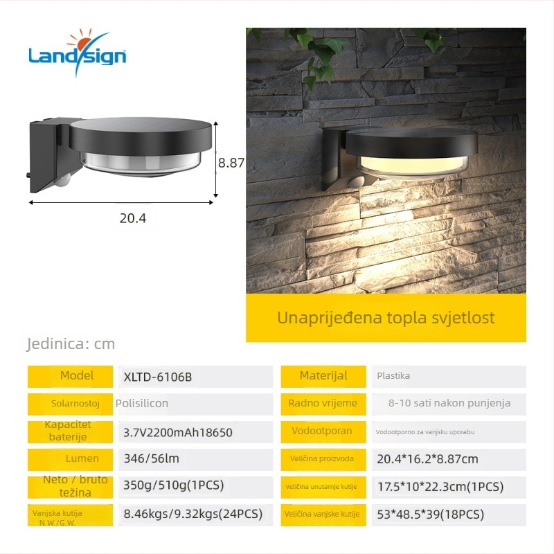 Planetarnog oblika solarna vanjska LED zidna svjetiljka s daljinskim upravljačem — LED 0,86 W, 3,7 V, trajanje rada 6–12 sati, Model XLTD-6106