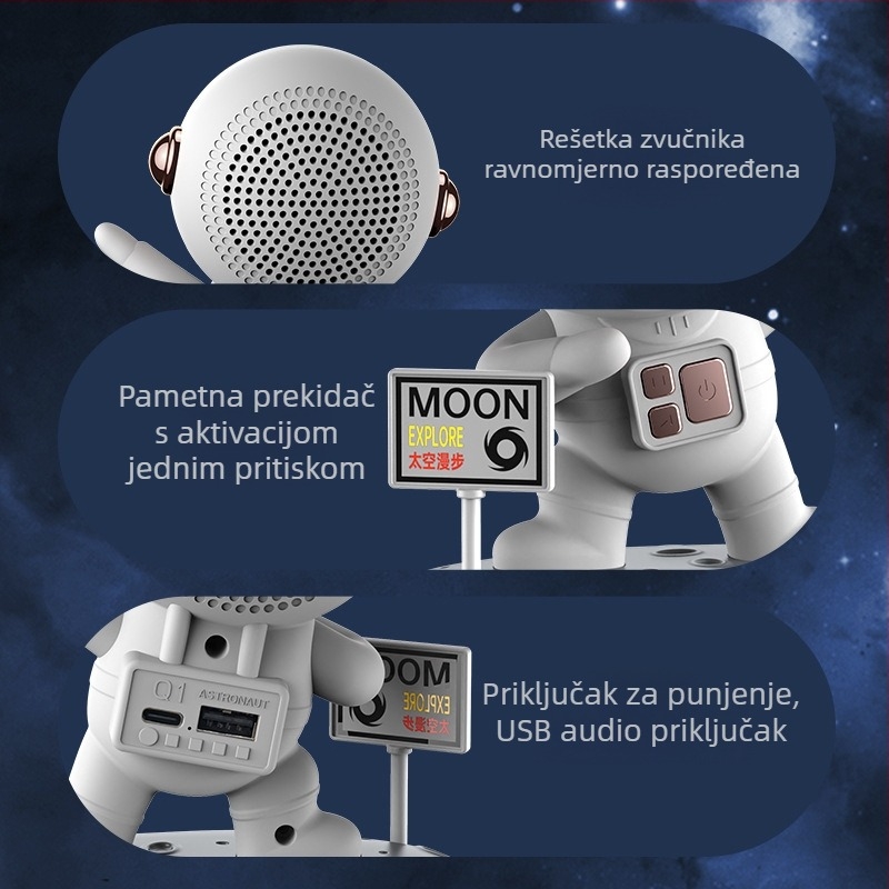 Bluetooth zvučnik astronaut — IPX7, BT 5.0, 5W, ugrađena baterija 1200–2000mAh, frekvencijski raspon 100Hz–20kHz