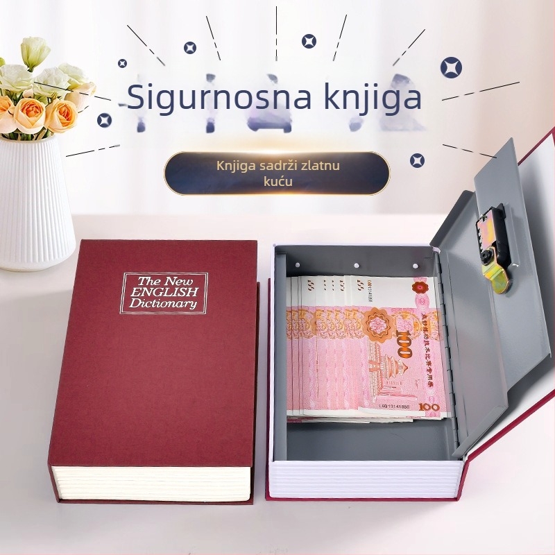 Sejf u obliku knjige za stolno skladištenje novca i sitnica, 1 L kapacitet, metal s površinom od papira i nehrđajući čelik, model BXX-05, s poklopcem, skriveno skladište
