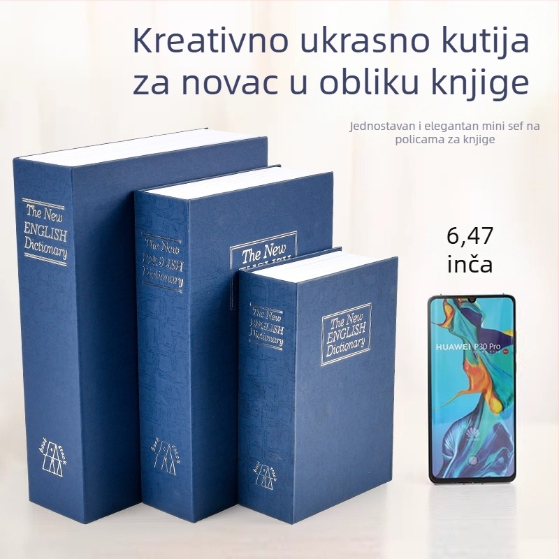 Sejf u obliku knjige za stolno skladištenje novca i sitnica, 1 L kapacitet, metal s površinom od papira i nehrđajući čelik, model BXX-05, s poklopcem, skriveno skladište