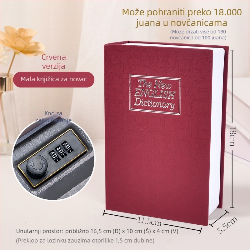 Sejf u obliku knjige za stolno skladištenje novca i sitnica, 1 L kapacitet, metal s površinom od papira i nehrđajući čelik, model BXX-05, s poklopcem, skriveno skladište