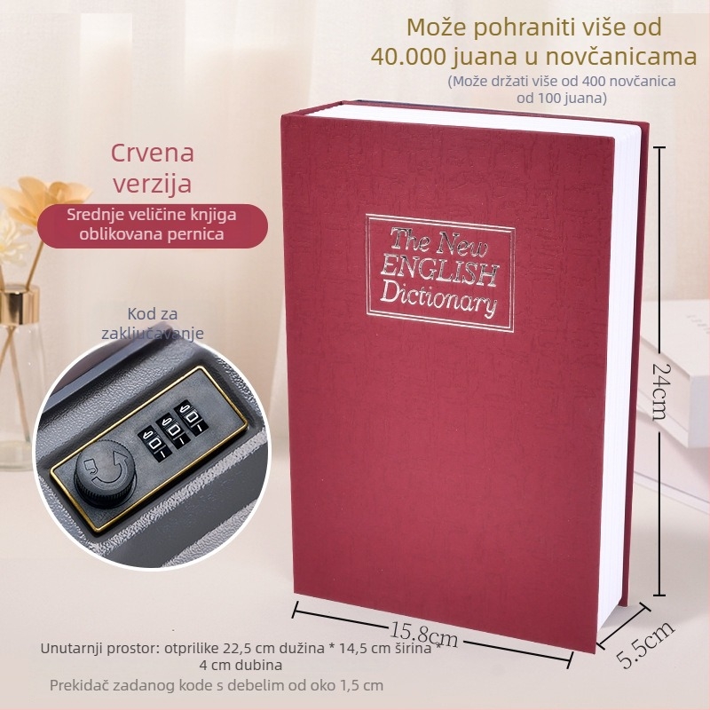 Sejf u obliku knjige za stolno skladištenje novca i sitnica, 1 L kapacitet, metal s površinom od papira i nehrđajući čelik, model BXX-05, s poklopcem, skriveno skladište