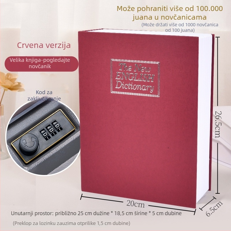 Sejf u obliku knjige za stolno skladištenje novca i sitnica, 1 L kapacitet, metal s površinom od papira i nehrđajući čelik, model BXX-05, s poklopcem, skriveno skladište