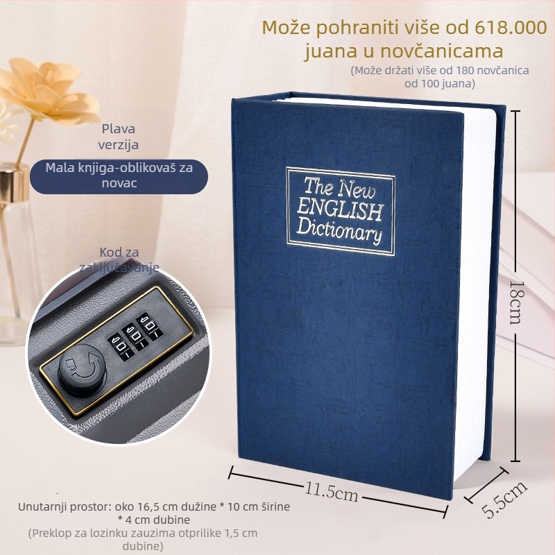 Sejf u obliku knjige za stolno skladištenje novca i sitnica, 1 L kapacitet, metal s površinom od papira i nehrđajući čelik, model BXX-05, s poklopcem, skriveno skladište