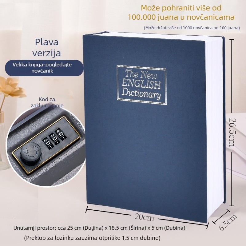 Sejf u obliku knjige za stolno skladištenje novca i sitnica, 1 L kapacitet, metal s površinom od papira i nehrđajući čelik, model BXX-05, s poklopcem, skriveno skladište