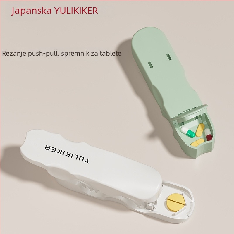 Kutija za lijekove s ugrađenim rezačem tableta i dozatorom | Model M5673 | Materijal: ABS i 420 nehrđajući čelik | Zapremina 0,005 L | Prijenosno s poklopcem