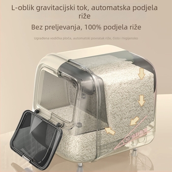 Kutija za skladištenje riže, zatvorena, otporna na vlagu i štetnike; materijal: PP plastika; modern minimalistički dizajn.