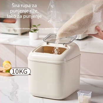 Kutija za skladištenje riže, zatvorena, otporna na vlagu i štetnike; materijal: PP plastika; modern minimalistički dizajn.