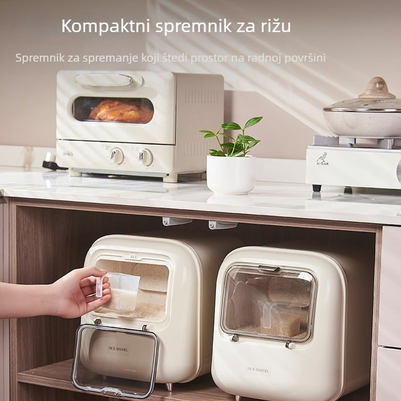 Kutija za skladištenje riže, zatvorena, otporna na vlagu i štetnike; materijal: PP plastika; modern minimalistički dizajn.