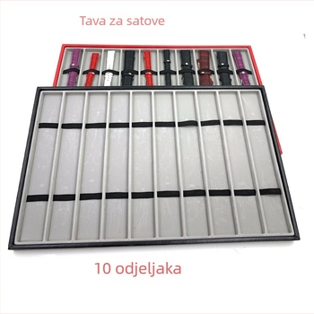 Stalak za izlaganje satova s 10 pretinaca – skladištenje satova; materijali: MDF, blister, PU koža, flanel; tolerancija 3–5 mm; pakiranje nakita