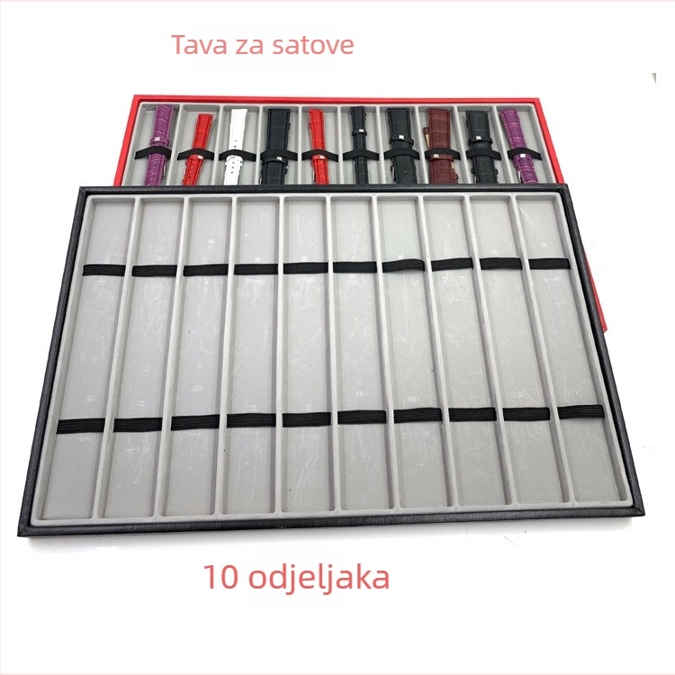 Stalak za izlaganje satova s 10 pretinaca – skladištenje satova; materijali: MDF, blister, PU koža, flanel; tolerancija 3–5 mm; pakiranje nakita