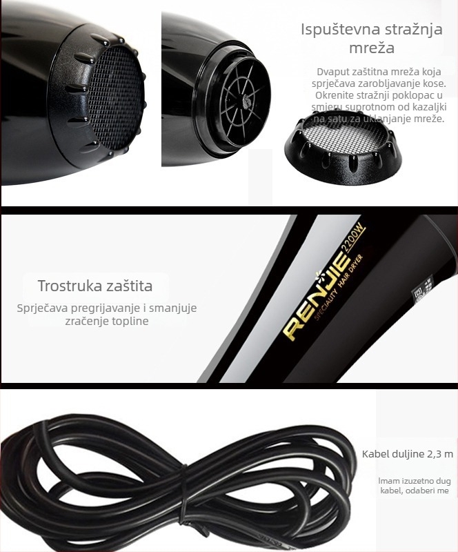 Renji 827 Sušilo za kosu - 2200W, Topli i hladni zrak, četkasti motor, 220V, ABS kućište